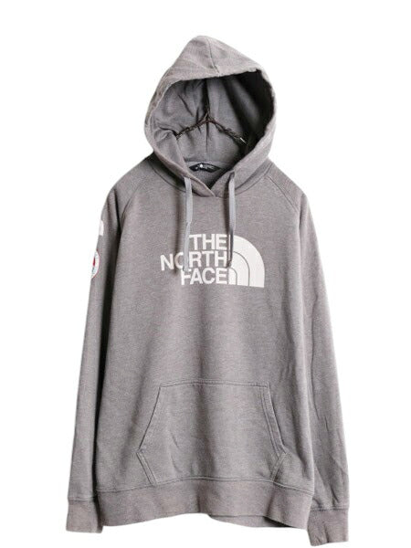 US企画 ノースフェイス プリント スウェット フード パーカー レディース M / The North Face プルオーバー トレーナー 限定 袖プリント 灰