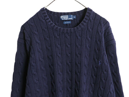 00s ポロ ラルフローレン コットン ケーブル ニット セーター メンズ XL オールド 長袖ニット ワンポイント クルーネック 大きいサイズ 紺