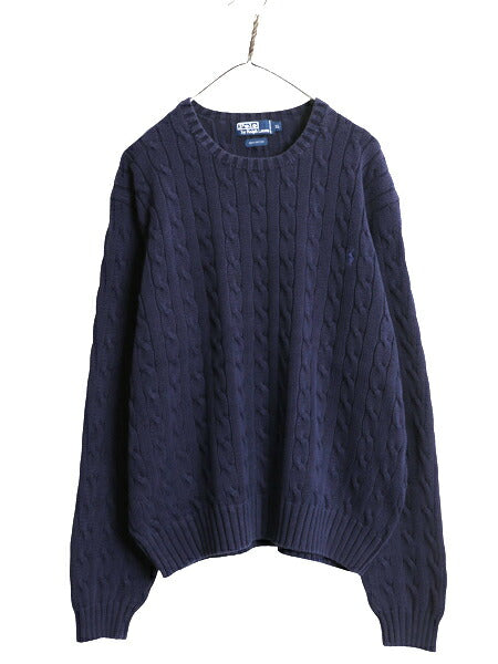 00s ポロ ラルフローレン コットン ケーブル ニット セーター メンズ XL オールド 長袖ニット ワンポイント クルーネック 大きいサイズ 紺