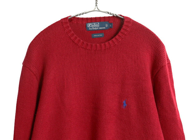 00s ポロ ラルフローレン コットン ニット セーター メンズ L 古着 オールド 長袖ニット ワンポイント クルーネック シンプル きれいめ 赤