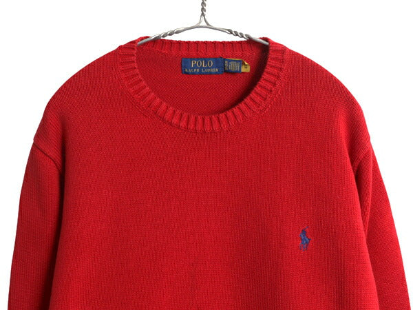 ポロ ラルフローレン コットン ニット セーター メンズ XL 古着 オールド 長袖ニット ワンポイント クルーネック シンプル 大きいサイズ 赤