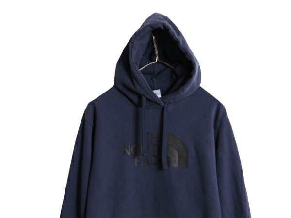 US企画 ノースフェイス プリント スウェット フード パーカー メンズ L 古着 The North Face プルオーバー トレーナー アウトドア ネイビー