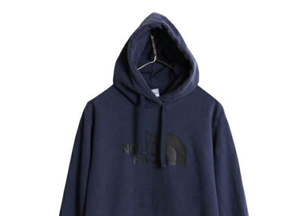 US企画 ノースフェイス プリント スウェット フード パーカー メンズ L 古着 The North Face プルオーバー トレーナー アウトドア ネイビー