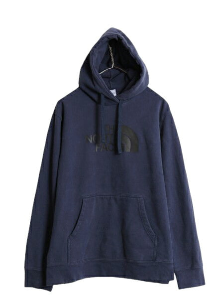 US企画 ノースフェイス プリント スウェット フード パーカー メンズ L 古着 The North Face プルオーバー トレーナー アウトドア ネイビー