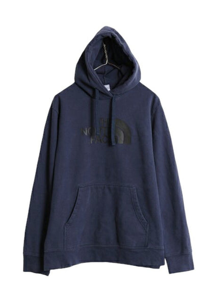 US企画 ノースフェイス プリント スウェット フード パーカー メンズ L 古着 The North Face プルオーバー トレーナー アウトドア ネイビー