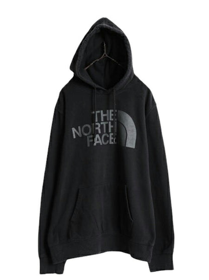 ノースフェイス プリント スウェット フード パーカー メンズ L 古着 The North Face プルオーバー 裏起毛 トレーナー アウトドア ブラック