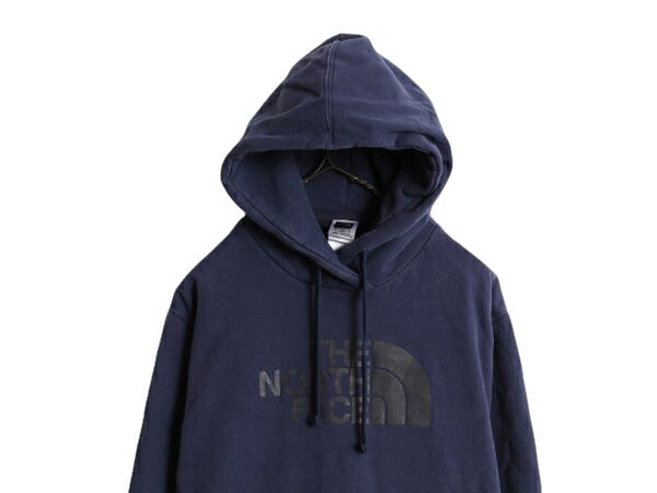 ノースフェイス プリント スウェット フード パーカー メンズ L 古着 The North Face プルオーバー 裏起毛 トレーナー アウトドア ネイビー