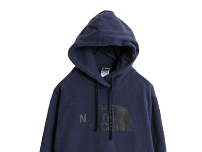 ノースフェイス プリント スウェット フード パーカー メンズ L 古着 The North Face プルオーバー 裏起毛 トレーナー アウトドア ネイビー