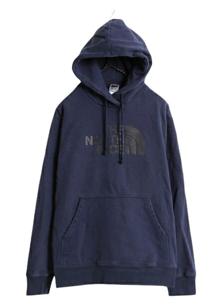 ノースフェイス プリント スウェット フード パーカー メンズ L 古着 The North Face プルオーバー 裏起毛 トレーナー アウトドア ネイビー