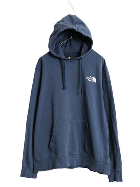 US企画 ノースフェイス 両面 プリント スウェット フード パーカー メンズ L The North Face 裏起毛 トレーナー スエット プルオーバー 青