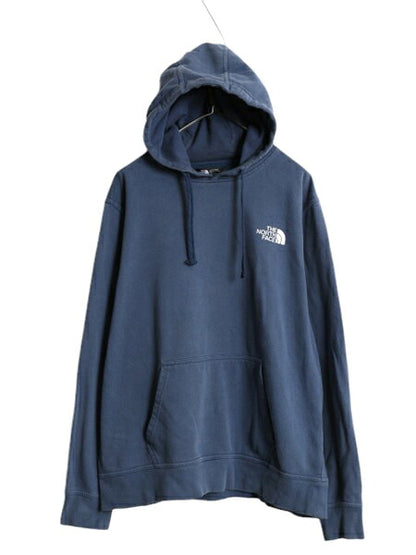 US企画 ノースフェイス 両面 プリント スウェット フード パーカー メンズ L The North Face 裏起毛 トレーナー スエット プルオーバー 青