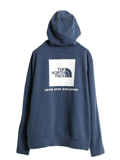 US企画 ノースフェイス 両面 プリント スウェット フード パーカー メンズ L The North Face 裏起毛 トレーナー スエット プルオーバー 青