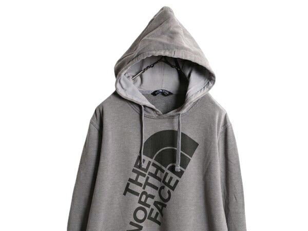 ノースフェイス プリント スウェット フード パーカー メンズ L 古着 The North Face プルオーバー トレーナー 裏起毛 アウトドア グレー