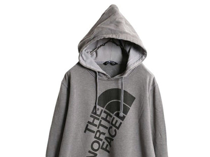 ノースフェイス プリント スウェット フード パーカー メンズ L 古着 The North Face プルオーバー トレーナー 裏起毛 アウトドア グレー