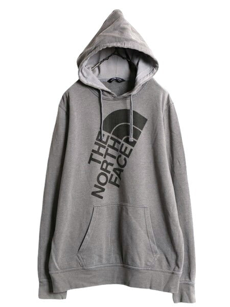 ノースフェイス プリント スウェット フード パーカー メンズ L 古着 The North Face プルオーバー トレーナー 裏起毛 アウトドア グレー