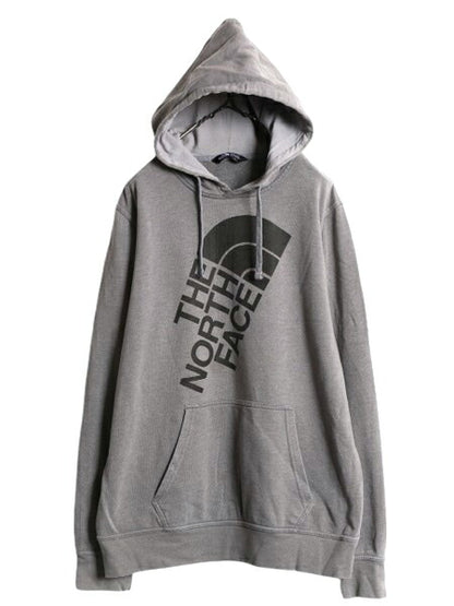 ノースフェイス プリント スウェット フード パーカー メンズ L 古着 The North Face プルオーバー トレーナー 裏起毛 アウトドア グレー