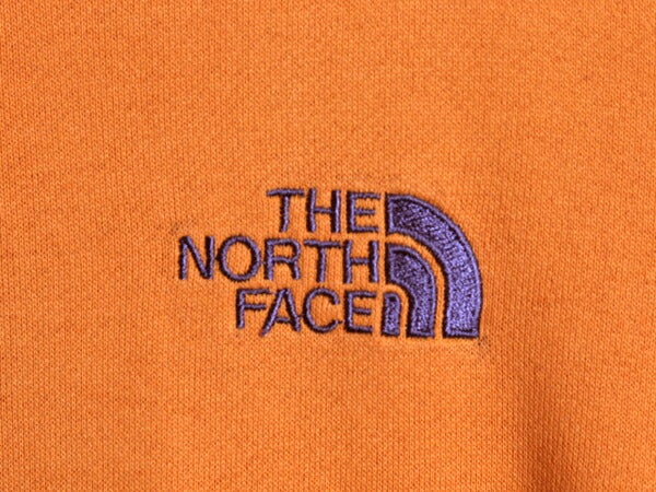 ノースフェイス スウェット フード パーカー メンズ S 古着 The North Face プルオーバー トレーナー スエット 裏起毛 ロゴ 刺繍 オレンジ