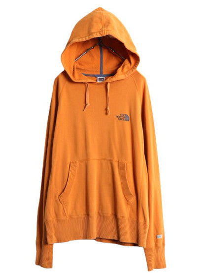ノースフェイス スウェット フード パーカー メンズ S 古着 The North Face プルオーバー トレーナー スエット 裏起毛 ロゴ 刺繍 オレンジ