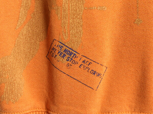 ノースフェイス スウェット フード パーカー メンズ S 古着 The North Face プルオーバー トレーナー スエット 裏起毛 ロゴ 刺繍 オレンジ