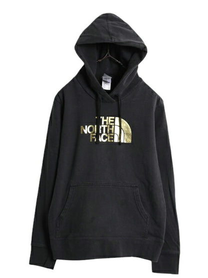 US企画 ノースフェイス プリント スウェット フード パーカー レディース L 古着 The North Face プルオーバー 裏起毛 トレーナー ブラック