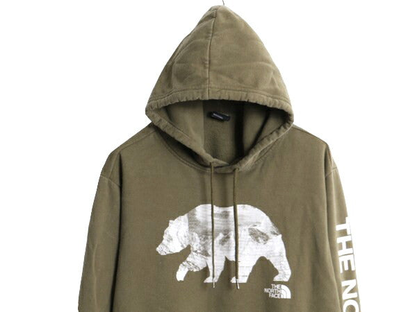 ノースフェイス イラスト プリント スウェット フード パーカー メンズ L 古着 The North Face プルオーバー 裏起毛 アウトドア 袖プリント