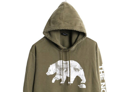 ノースフェイス イラスト プリント スウェット フード パーカー メンズ L 古着 The North Face プルオーバー 裏起毛 アウトドア 袖プリント