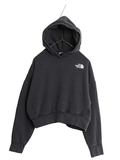 ノースフェイス ショート丈 スウェット フード パーカー レディース S / The North Face 裏起毛 トレーナー プルオーバー 黒 ワンポイント