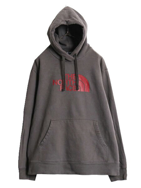 US企画 ノースフェイス プリント スウェット フード パーカー メンズ XL 古着 The North Face プルオーバー トレーナー アウトドア グレー