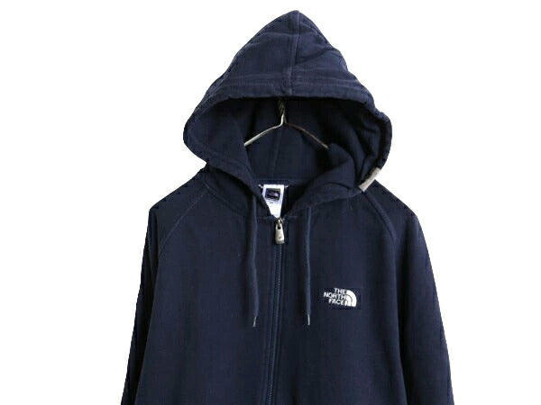 ノースフェイス フルジップ スウェット フード パーカー メンズ М 古着 The North Face アウトドア トレーナー 裏起毛 ロゴ 刺繍 ネイビー