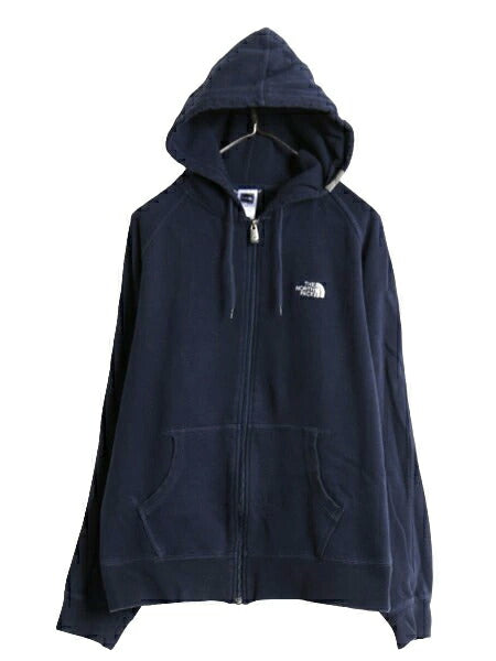 ノースフェイス フルジップ スウェット フード パーカー メンズ М 古着 The North Face アウトドア トレーナー 裏起毛 ロゴ 刺繍 ネイビー