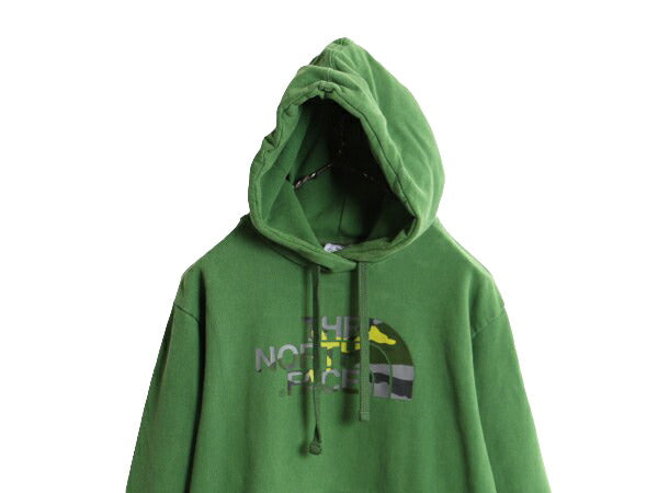 ノースフェイス 迷彩 ロゴ プリント スウェット フード パーカー メンズ М The North Face プルオーバー 裏起毛 トレーナー アウトドア 緑