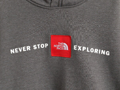 US企画 ノースフェイス プリント スウェット フード パーカー メンズ XL 古着 The North Face ボックスロゴ ワッペン 刺繍 トレーナー 灰