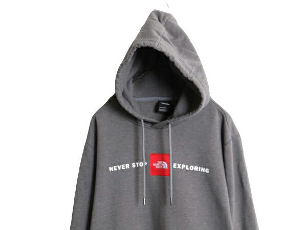 US企画 ノースフェイス プリント スウェット フード パーカー メンズ XL 古着 The North Face ボックスロゴ ワッペン 刺繍 トレーナー 灰