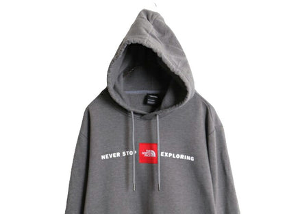 US企画 ノースフェイス プリント スウェット フード パーカー メンズ XL 古着 The North Face ボックスロゴ ワッペン 刺繍 トレーナー 灰