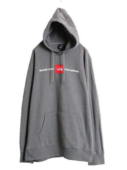 US企画 ノースフェイス プリント スウェット フード パーカー メンズ XL 古着 The North Face ボックスロゴ ワッペン 刺繍 トレーナー 灰