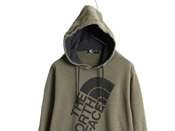 ノースフェイス プリント スウェット フード パーカー メンズ L / 古着 The North Face トレーナー アウトドア プルオーバー 裏起毛 カーキ