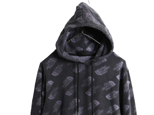 US企画 ノースフェイス 総柄 ロゴ プリント スウェット フード パーカー メンズ S 古着 The North Face プルオーバー 裏起毛 トレーナー 灰