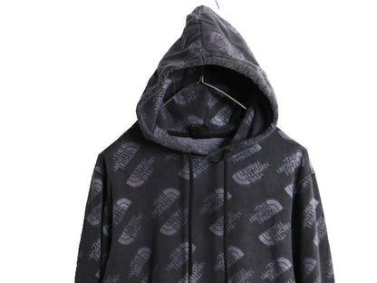 US企画 ノースフェイス 総柄 ロゴ プリント スウェット フード パーカー メンズ S 古着 The North Face プルオーバー 裏起毛 トレーナー 灰
