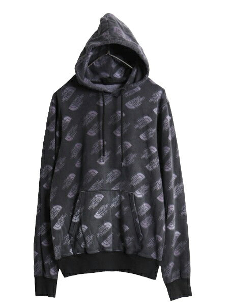 US企画 ノースフェイス 総柄 ロゴ プリント スウェット フード パーカー メンズ S 古着 The North Face プルオーバー 裏起毛 トレーナー 灰