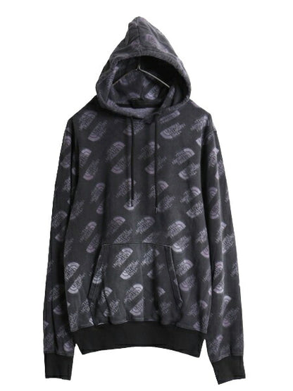 US企画 ノースフェイス 総柄 ロゴ プリント スウェット フード パーカー メンズ S 古着 The North Face プルオーバー 裏起毛 トレーナー 灰