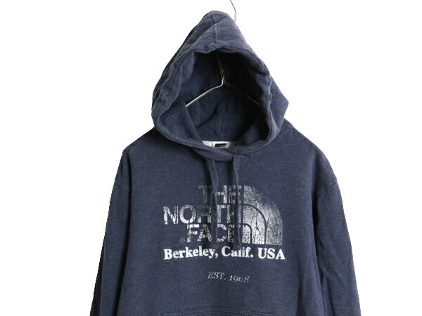 ノースフェイス プリント スウェット フード パーカー メンズ L 古着 The North Face プルオーバー 裏起毛 ヘビーウェイト トレーナー 紺