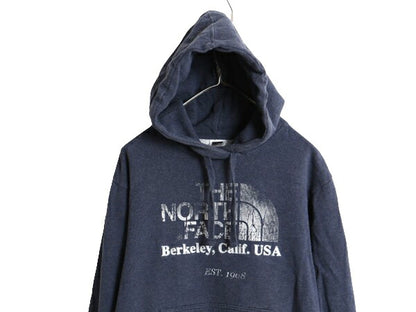 ノースフェイス プリント スウェット フード パーカー メンズ L 古着 The North Face プルオーバー 裏起毛 ヘビーウェイト トレーナー 紺
