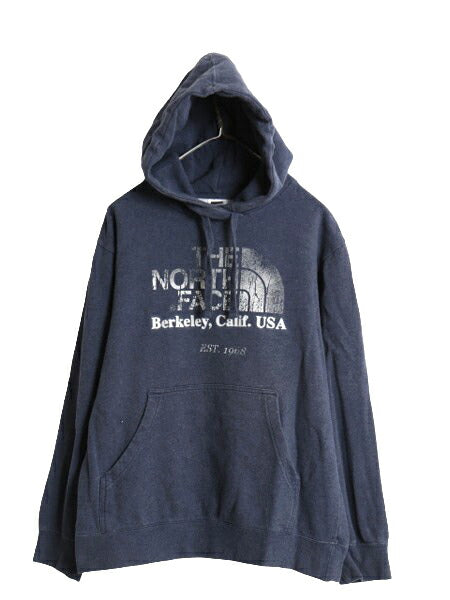 ノースフェイス プリント スウェット フード パーカー メンズ L 古着 The North Face プルオーバー 裏起毛 ヘビーウェイト トレーナー 紺