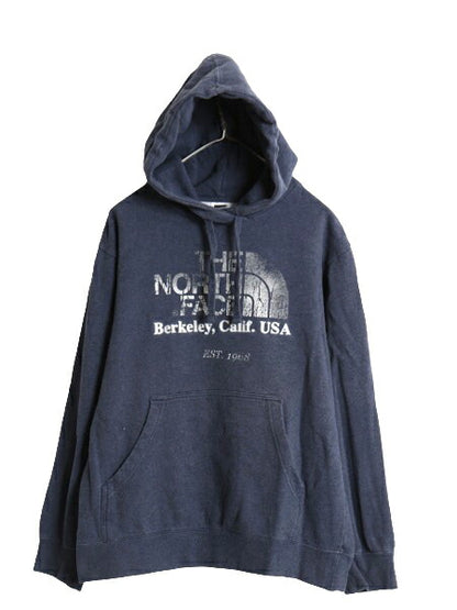 ノースフェイス プリント スウェット フード パーカー メンズ L 古着 The North Face プルオーバー 裏起毛 ヘビーウェイト トレーナー 紺