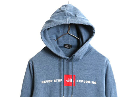 US企画 ノースフェイス プリント スウェット フード パーカー メンズ S / 古着 The North Face ボックスロゴ ワッペン 刺繍 トレーナー 青