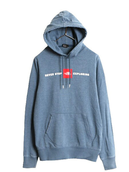 US企画 ノースフェイス プリント スウェット フード パーカー メンズ S / 古着 The North Face ボックスロゴ ワッペン 刺繍 トレーナー 青