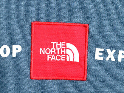 US企画 ノースフェイス プリント スウェット フード パーカー メンズ S / 古着 The North Face ボックスロゴ ワッペン 刺繍 トレーナー 青