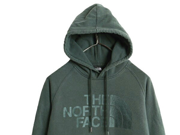 ノースフェイス ロゴ プリント スウェット フード パーカー レディース М 古着 The North Face 裏起毛 トレーナー プルオーバー グリーン