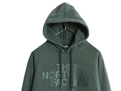 ノースフェイス ロゴ プリント スウェット フード パーカー レディース М 古着 The North Face 裏起毛 トレーナー プルオーバー グリーン