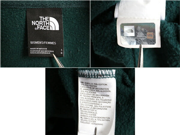 US企画 ノースフェイス プリント スウェット フード パーカー レディース L / 古着 The North Face アウトドア トレーナー 裏起毛 グリーン